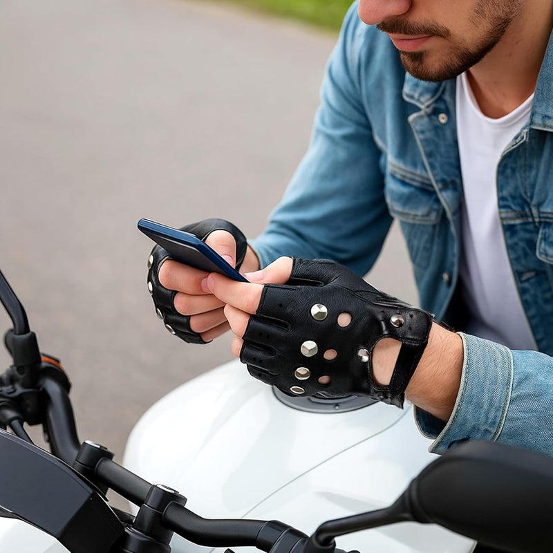 Styquenzer Black Leather Motorcycle Gloves, Gothic Fingerless Gloves Men Women, Fingerless Dancing Mittens Steampunk Retro Punk Biker Glove for Men Women Adults - Image 4